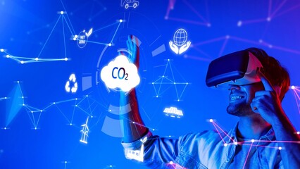 A man engages with virtual reality to explore concepts of sustainability and climate action, illustrating the interconnectedness of technology and environmental awareness. Raster
