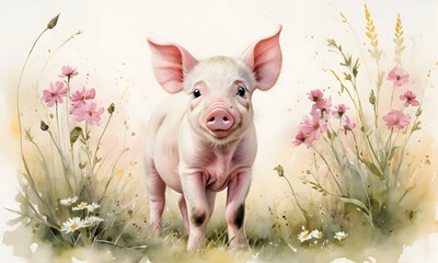 Cheerful piglet with pastel flowers in a watercolor setting. Heartwarming image for children's book illustrations and educational materials. AI Illustration. Extra wide banner.