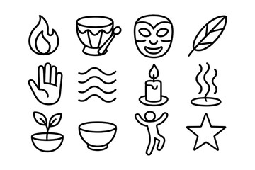 Black and white icon set: music, theater, and relaxation symbols in minimalist style