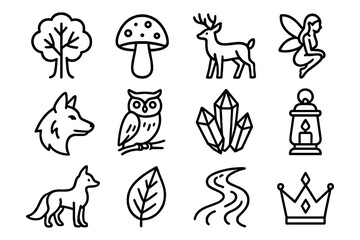Nature and fantasy icons set: forest creatures and mystical symbols in linear style