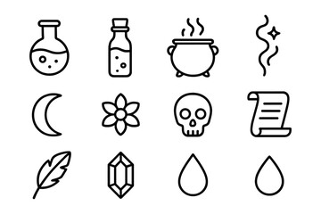 Magical line icons: potion, cauldron, spell, and mystical symbols collection