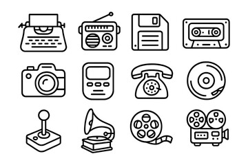Retro gadget icons set featuring vintage electronics in bold linear style