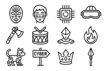 Linear icon set: masks, tech, and more in bold black outline