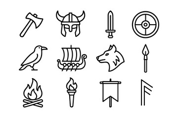 Obraz premium Viking elements in linear design: axes, helmets, ships, and symbols