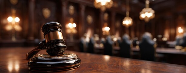 The Gavel on the Wooden Bench in an Elegant Historic Courtroom During Trial