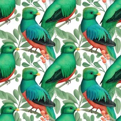 Resplendent quetzal birds with floral elements seamless texture, endless repeatable rapport
