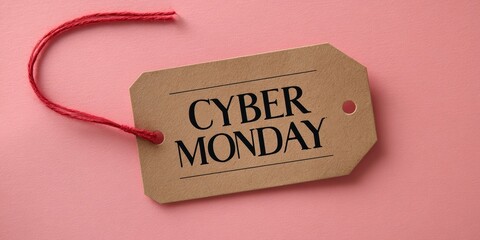 The Cyber Monday Tag on Pink Background with Red String and Bold Typography