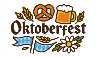 Oktoberfest celebration traditional elements beer pretzel wheat flower bavarian flag design vector