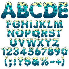 Font, alphabet, letter, number with water lily, lotus in water. Isolated vector objects on white background.