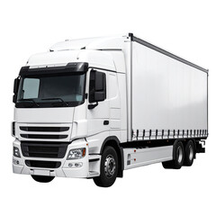 A pristine white semi-truck, boxy trailer, parked on a dark background, well-lit