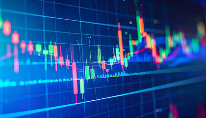 Digital screens filled with stock market graphs, candlestick and bar charts, glowing neon lights, and a high-tech, futuristic trading environment
