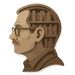 Profile of a man with bookshelf inside head in layered paper art style
