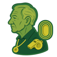 Layered silhouette of a coach with whistle and track emblem in green and yellow tones