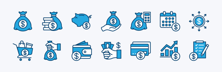 Set of budget icon. Financial management budgeting. Money, savings, loan, monthly shopping calendar, calculation, growth graph, check, list, wallet, debt, debit card, investment - vector illustration © Vilogsign