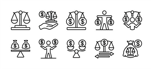 Financial balance thin line icon set. Earnings scale, income and expenditure of money, accountant, financial audit, law, management, justice, measurement, accounting - vector illustration