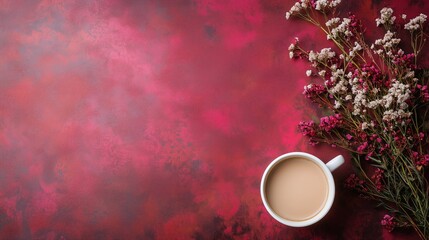 Cozy Coffee and Flowers on Maroon Background