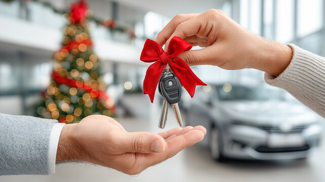 Car keys with a red bow against a Christmas tree background in a car showroom.