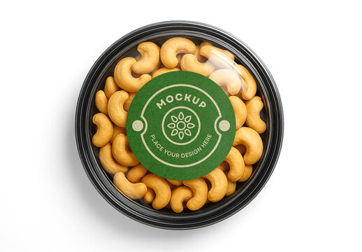 Round Plastic Food Container Mockup with Blank Circular Label &ndash; Realistic Top View Cashew Nut Packaging Template for Snack Branding and Product Design Presentation