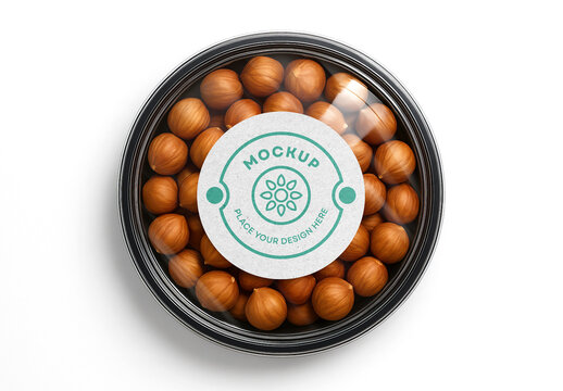Round Plastic Food Container Mockup with Blank Circular Label &ndash; Realistic Top View Nut Packaging Template for Branding, Snack Design, and Product Presentation