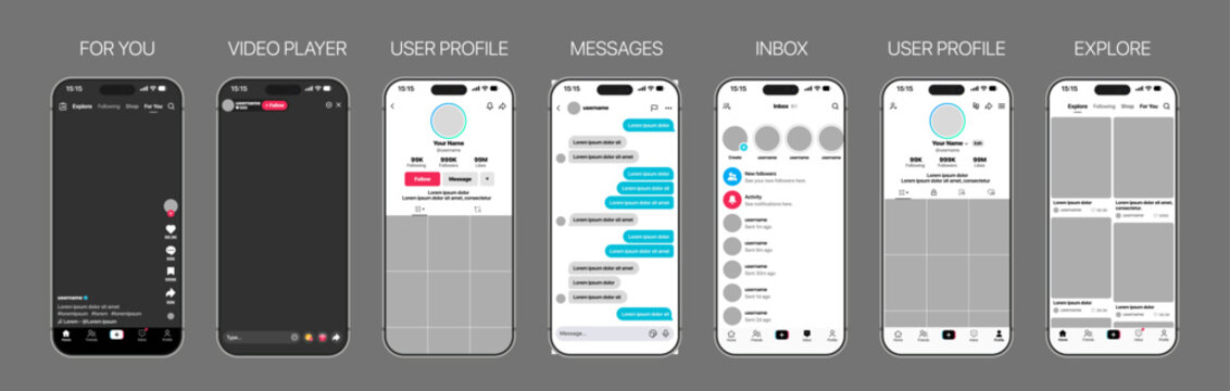 TikTok full app mockup with home feed, trending reels, discover page, user profiles, messages, notifications, live streaming, effects, sound library, stories, and interactive social media.