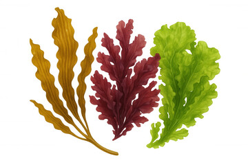 Underwater plants collection with red, green, and brown seaweed on transparent background, marine botany elements