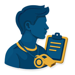 Dynamic 3d male coach figure with whistle and clipboard icon in blue and yellow tones