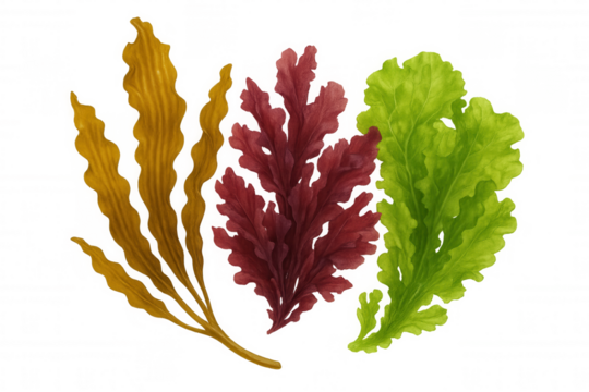 Underwater plants collection with red, green, and brown seaweed on transparent background, marine botany elements