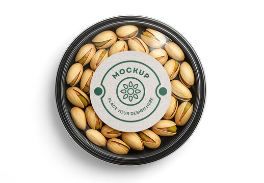 Round Plastic Food Container Mockup with Blank Circular Label &ndash; Realistic Top View Pistachio Nut Packaging Template for Snack Branding and Product Presentation