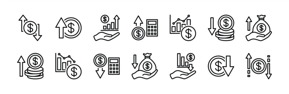 Profit and loss money thin line icon set. Financial growth and reduce statistical data graph, money, currency, sale, earnings, economy, exchange, trade. Increase and decrease arrow - illustration