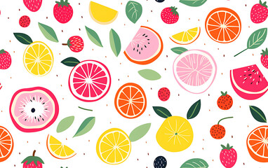 seamless pattern of fruits strawberry lemon orange citrus with leaves