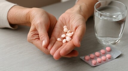 Hands gently hold pink tablets while a glass of water sits close, indicating care and attention to health and wellness routines