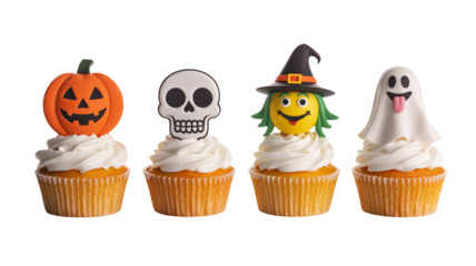 Spooky and sweet Halloween cupcakes with pumpkin, skull, witch, and ghost decorations perfect for a festive party, baking, or holiday celebration