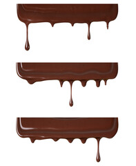 Glossy chocolate drip set for food design. Chocolate drips isolated on transparent background