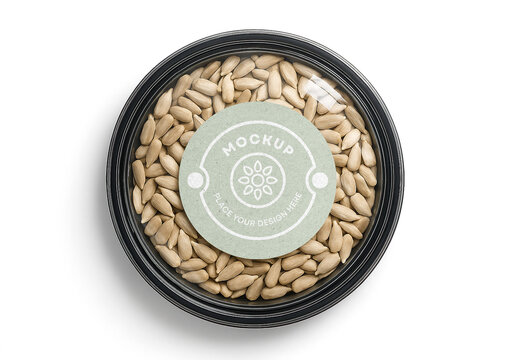 Round Transparent Plastic Food Container Mockup with Blank Label &ndash; Realistic Top View Sunflower Seeds Packaging Template for Organic Snack and Product Branding Presentation