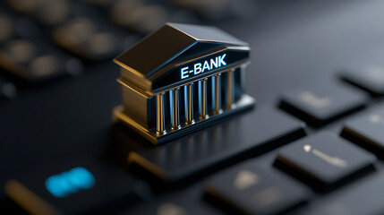 Online Banking Concept: A miniature classical bank building sits atop a black keyboard, symbolizing the digital transformation of financial institutions.