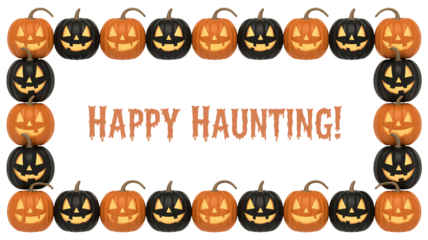 Happy Haunting greeting with orange and black jack-o'-lanterns forming a festive frame for Halloween party invites or spooky season social media posts