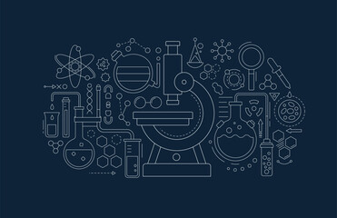 Medical laboratory icons with microscope, flasks and chemical research equipment. Outline banner of scientific lab with microscope, glass tube, beaker, molekule and cell, vector illustration