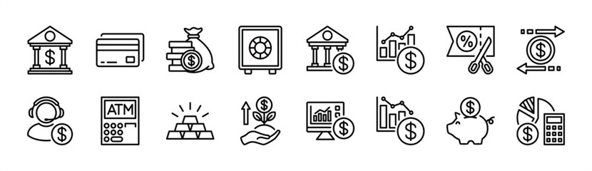 Banking icon set. Bank, money, savings, safe, credit card, investment, deposit, atm machine, currency, data analysis, chart, interest deduction, transfer, customer service, calculate finance, profit