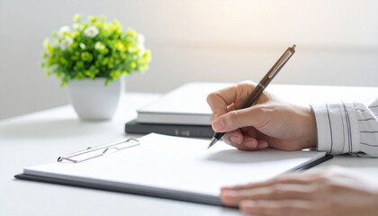 Closeup, woman hand writing on calendar event planner to set timetable organize sched 