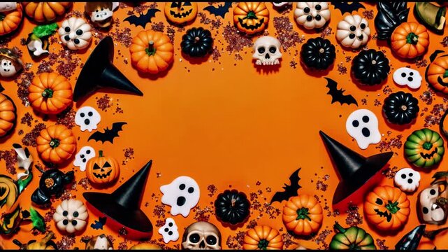 Halloween flatlay featuring vibrant pumpkins, spooky skulls, and playful bats creating a festive atmosphere for seasonal celebrations and decorations