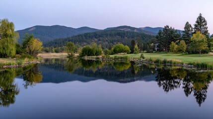 Obraz premium Peaceful twilight scene captures a calm lake reflecting lush green trees, the distant mountains, and the evening sky's soft hues, creating a serene and tranquil landscape.