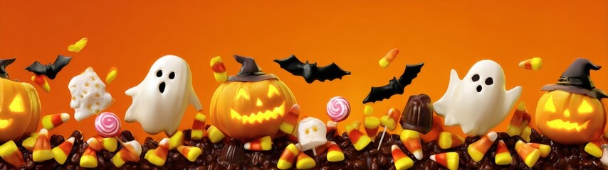 Fototapeta premium Halloween harmony: enchanting borders with ghosts, bats, and treats. Visual identity. A spooky yet whimsical halloween border with iconic imagery and colors. Advertising photo. Clean retouch.