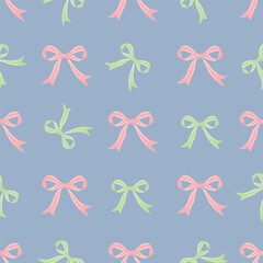 Cute coquette vector seamless pattern pink ribbon bow background. Pink green baby blue preppy feminine romantic backdrop for textile, fabric, wallpaper, wrapping. Geometric repeat baby girl shower