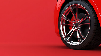 Captivating car wheel detail against a vibrant red background. The shiny rim adds a touch of luxury and speed to the scene. Automotive artistry!
