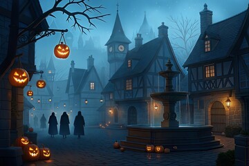 Medieval village square at night with jack o lanterns and cloaked figures