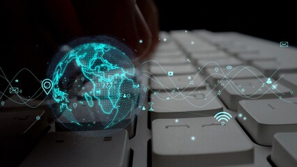 A captivating digital globe illustration above a keyboard, showcasing modern connectivity through icons and signals, emphasizing the essence of technology and information flow. Xenic