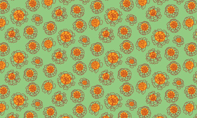 Linear red flowers pattern on green background. Repeating floral botanical vector seamless ornament for textile, fabric, interior, ceramic, wallpaper, paper decoration