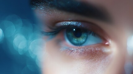 Fototapeta premium A close-up view of an expressive eye showcasing intricate details. The vibrant hue and reflections highlight emotions and depth. This artistic style captures the beauty of human vision. AI