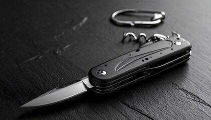 Multitool knife with carabiner on dark slate background.