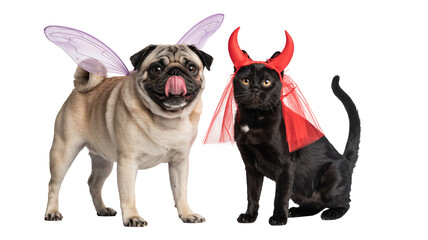 Adorable pug with fairy wings and black cat with devil horns ready for Halloween fun or pet costume party, perfect for quirky holiday greetings